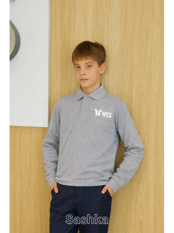 Поло для хлопчика з довгим рукавом сіре з логотипом школи NSS, розмір 116-188